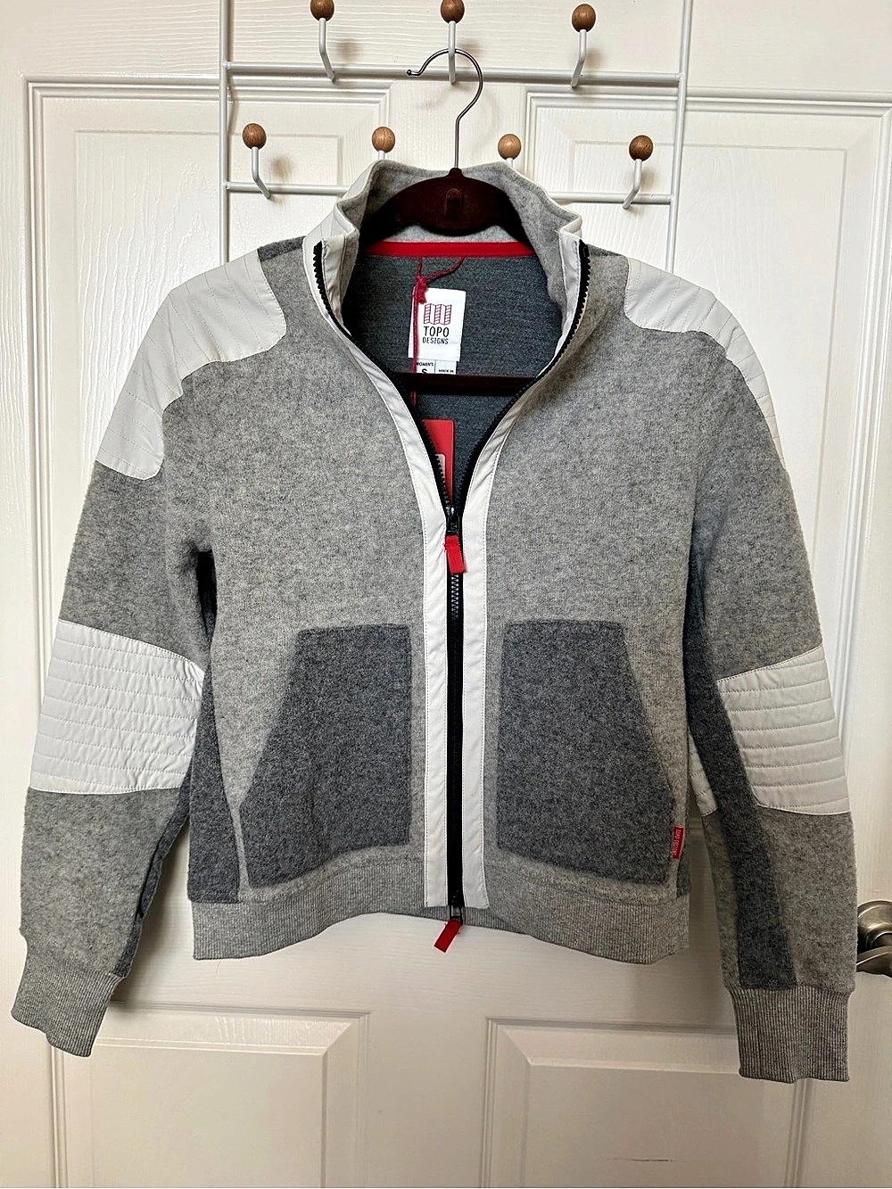 Topo Designs Global Full Zip Sweater Wool Blend Jacket Gray & White Medium